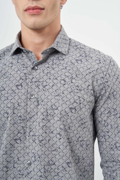 Füme Uzun Kol Yarım İtalyan Yaka Cepsiz Pamuklu Classic Slim Fit Gömlek 1004245222 - Resim 4