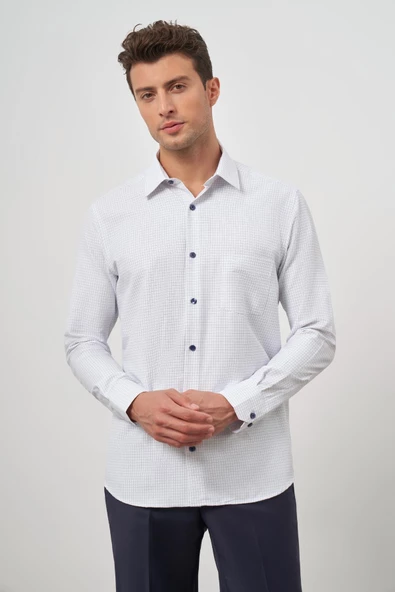 Beyaz Uzun Kol Kareli Desen Bez Ayağı Sert Yaka Cepli Pamuklu Classic Comfort Fit Gömlek 1004245158 - Resim 3