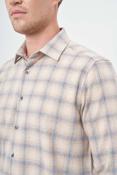 Turuncu Uzun Kol Ekose Desen Gabardin Cepsiz Pamuklu Classic Comfort Fit Gömlek 1004245165 - Resim 5