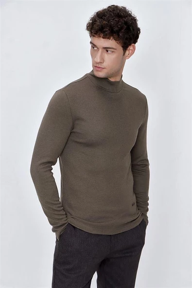 Koyu Kahverengi Suprem Yarım Balıkçı Yaka  Casual Comfort Fit Rahat Kesim Likralı Sweatshirt 1013225103 - Resim 4
