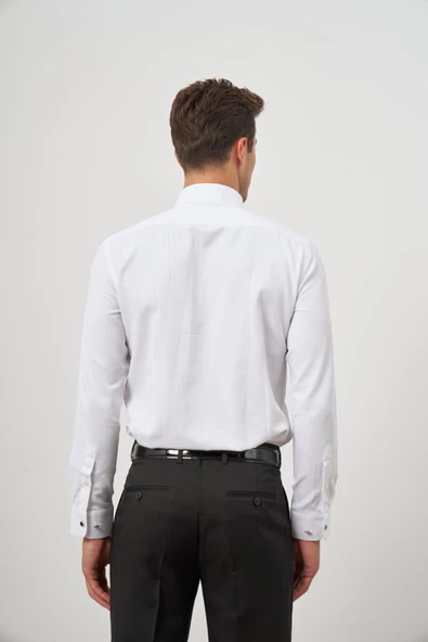 Beyaz Uzun Kol Kendinden Armürlü Ata Yaka Cepsiz Pamuklu Ceremony Slim Fit Gömlek 1004240331 - Resim 7