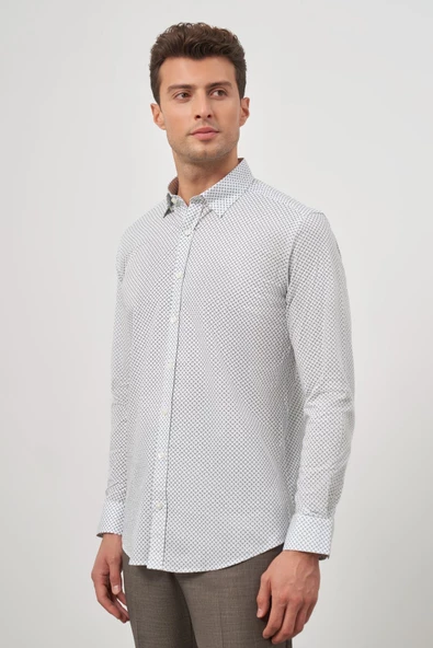 Beyaz Uzun Kol Perfectto Alttan Biritli Yaka Cepsiz Pamuklu Classic Slim Fit Gömlek 1004240259 - Resim 4