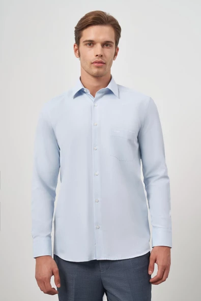 Koyu Mavi Uzun Kol Kendinden Desenli Armürlü 041 Sert Yaka Classic Comfort Fit Gömlek 1004245154 - Resim 5