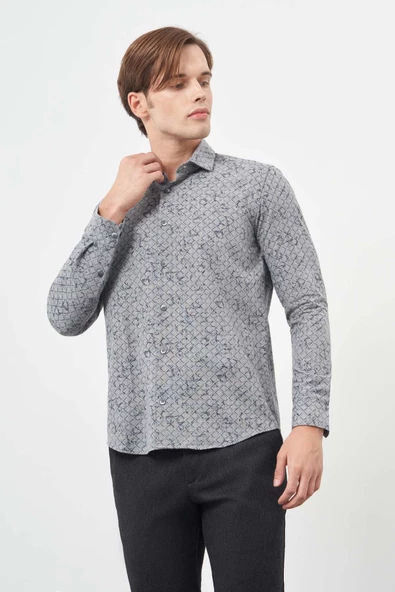 Füme Uzun Kol Yarım İtalyan Yaka Cepsiz Pamuklu Classic Slim Fit Gömlek 1004245222 - Resim 3