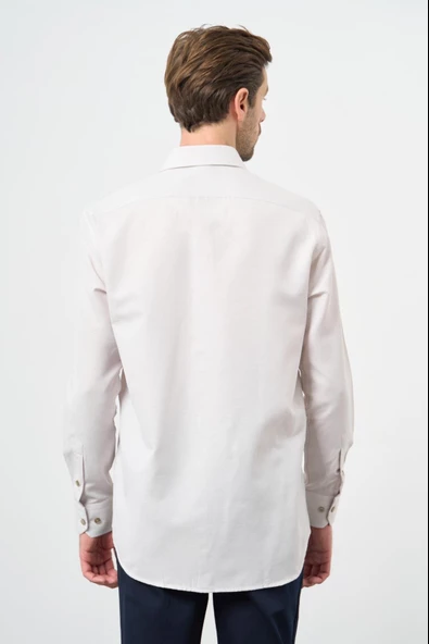 Bej Uzun Kol Kendinden Cepli Pamuklu Classic Comfort Fit Gömlek 1004245213 - Resim 5