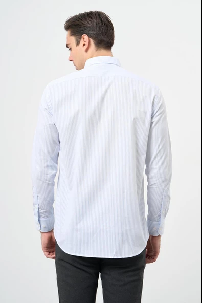 Beyaz Uzun Kol Desen Yarım İtalyan Yaka Cepli Pamuklu Classic Comfort Fit Gömlek 1004245183 - Resim 5