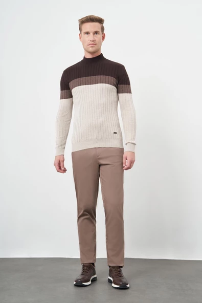 Açık Bej Uzun Kol Kendinden Desenli Örme Yarım Balıkçı Yaka Classic Slim Fit Triko 1012245154 - Resim 2