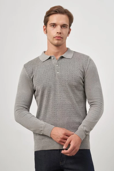 Taş Rengi Uzun Kol Kendinden Desenli Örme Polo Yaka Classic Comfort Fit Triko 1012245162 - 5