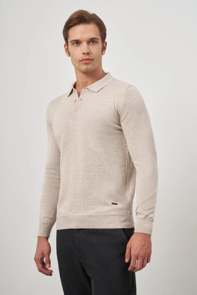 Açık Bej Uzun Kol Düz Örme Polo Yaka Classic Comfort Fit Triko 1012245007 - 3
