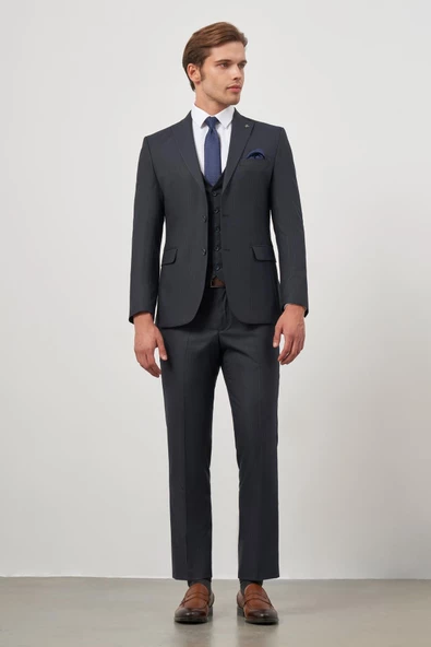 Koyu Lacivert Kılıç Yaka Yelekli 6 Drop Slim Fit Classic Takım Elbise 1001245154 - 4