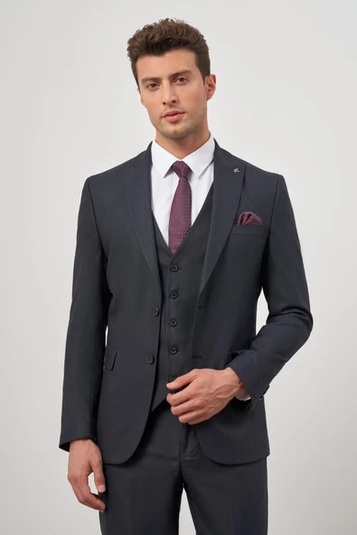 Koyu Lacivert Kılıç Yaka Yelekli 6 Drop Slim Fit Classic Takım Elbise 1001245153 - Resim 5