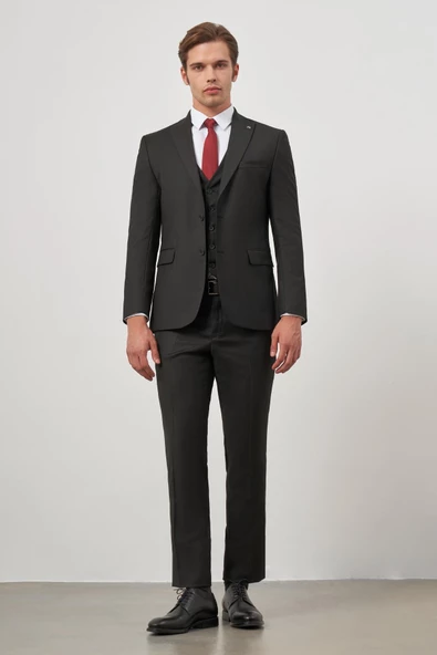 Siyah Kılıç Yaka Yelekli 6 Drop Slim Fit Classic Takım Elbise 1001245155 - 4
