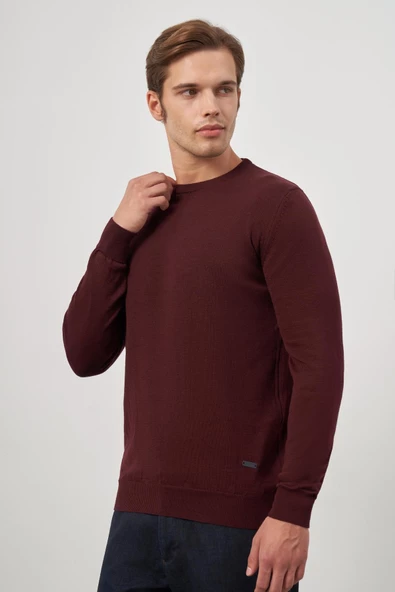 Bordo Uzun Kol Düz Örme Bisiklet Yaka Classic Comfort Fit Triko 1012245006 ürün görseli