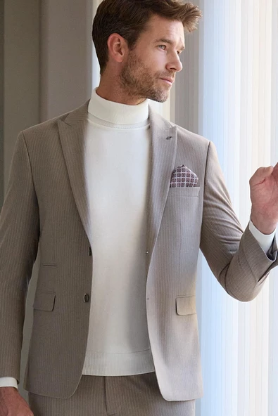 Açık Krem Uzun Kol Düz Örme Tam Balıkçı Yaka Classic Comfort Fit Triko 1012245004