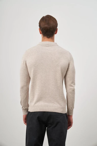 Açık Bej Uzun Kol Düz Örme Polo Yaka Classic Comfort Fit Triko 1012245007 - 7