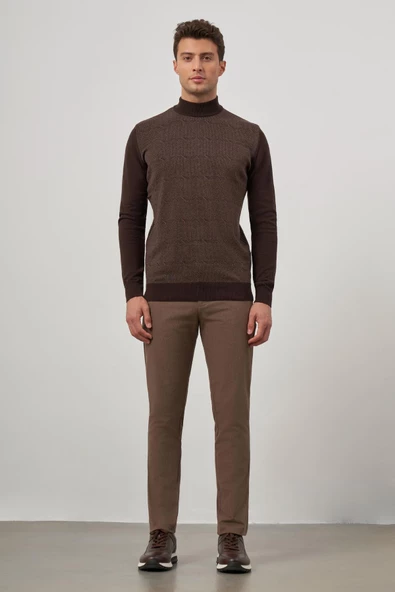 Koyu Kahverengi Uzun Kol Kendinden Örme Yarım Balıkçı Yaka Classic Comfort Fit Triko 1012245152 - Resim 2