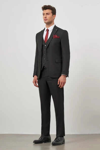 Siyah Kılıç Yaka Yelekli 6 Drop Slim Fit Classic Takım Elbise 1001245153 - 4