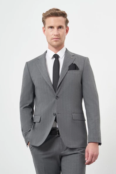 Füme Çizgili Mono Yaka Astarlı 6 Drop Slim Fit Dar Kesim Takım Elbise 1001245102 - 2