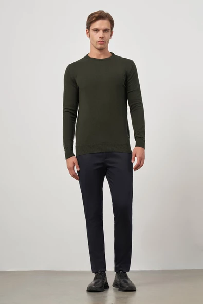 Koyu Haki Uzun Kol Düz Örme Bisiklet Yaka Classic Comfort Fit Triko 1012245006 - 2