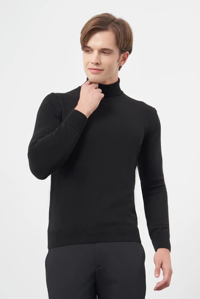 Siyah Uzun Kol Düz Örme Tam Balıkçı Yaka Classic Comfort Fit Triko 1012245004