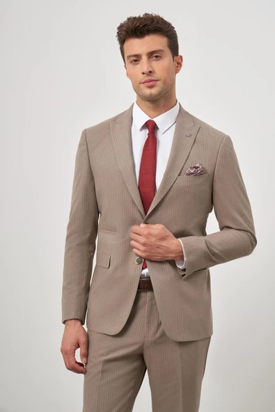 Koyu Vizon Çizgili Mono Yaka Astarlı 6 Drop Slim Fit Dar Kesim Takım Elbise 1001245106 - 5