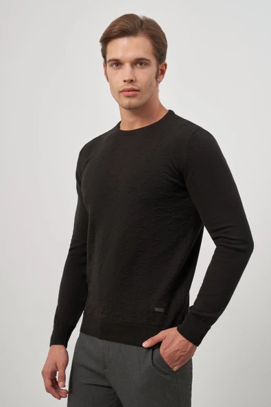 Siyah Uzun Kol Kendinden Desenli Örme Bisiklet Yaka Classic Comfort Fit Triko 1012245155 - Resim 4