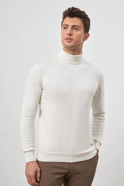 Açık Krem Uzun Kol Düz Örme Tam Balıkçı Yaka Classic Comfort Fit Triko 1012245004 - Resim 4