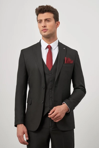 Siyah Kılıç Yaka Yelekli 6 Drop Slim Fit Classic Takım Elbise 1001245153 - 3