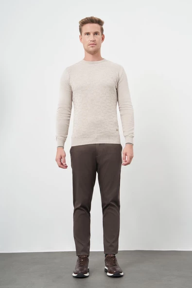 Açık Bej Uzun Kol Kendinden Desenli Örme Bisiklet Yaka Classic Slim Fit Triko 1012245200 - 2