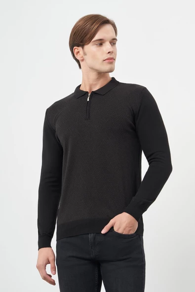 Siyah Uzun Kol Kendinden Desenli Örme Polo Yaka Classic Comfort Fit Triko 1012245160 - 3