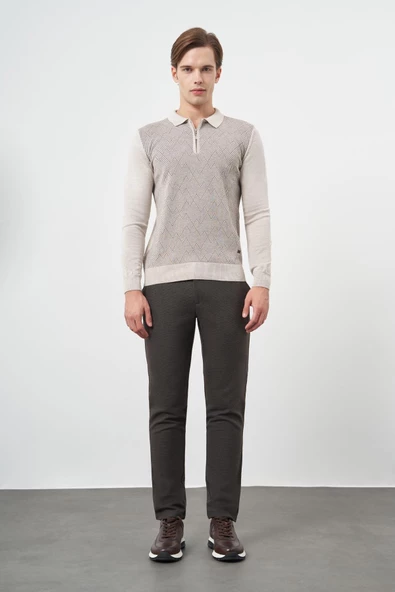 Bej Uzun Kol Kendinden Desenli Örme Polo Yaka Classic Comfort Fit Triko 1012245160 - 3