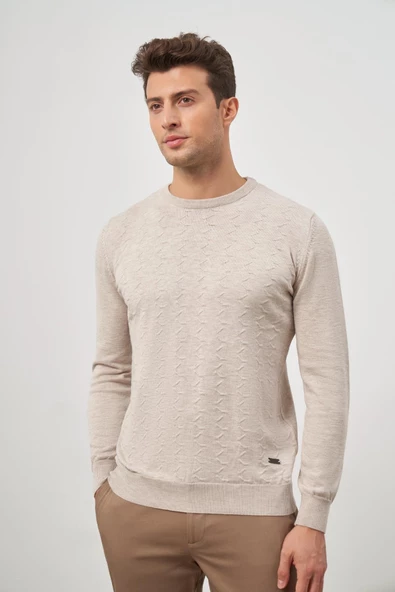 Bej Uzun Kol Kendinden Desenli Örme Bisiklet Yaka Classic Comfort Fit Triko 1012245155 ürün görseli