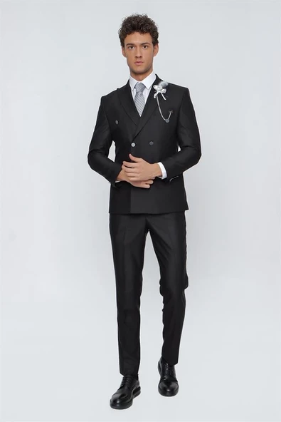Siyah Gabardin Kırlangıç Yaka Tam Astar Kruvaze 6 Drop Slim Fit Dar Kesim Takım Elbise 1001225175 - 2