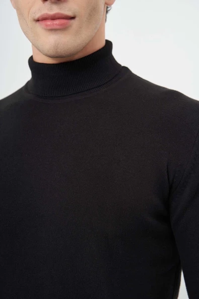 Siyah Uzun Kol Düz Örme Tam Balıkçı Yaka Classic Comfort Fit Triko 1012245004 - Resim 4