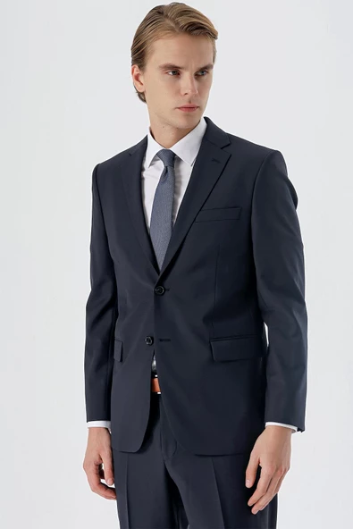 Koyu Lacivert Mono Yaka Yünlü Likralı 6 Drop Comfort Fit Rahat Kesim Klasik Takım Elbise 1001235172