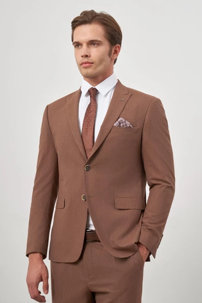 Taba Çizgili Mono Yaka Astarlı 6 Drop Slim Fit Dar Kesim Takım Elbise 1001245106 - 5