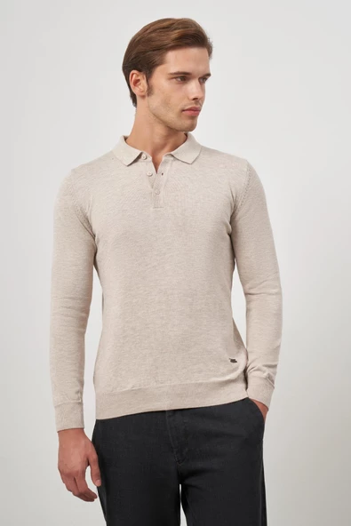 Açık Bej Uzun Kol Düz Örme Polo Yaka Classic Comfort Fit Triko 1012245007 - 5
