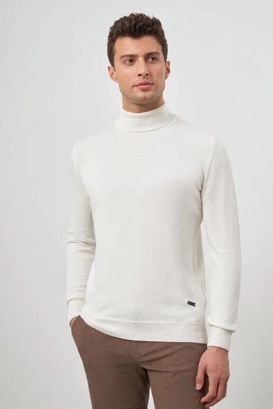 Açık Krem Uzun Kol Düz Örme Tam Balıkçı Yaka Classic Comfort Fit Triko 1012245004 - Resim 5