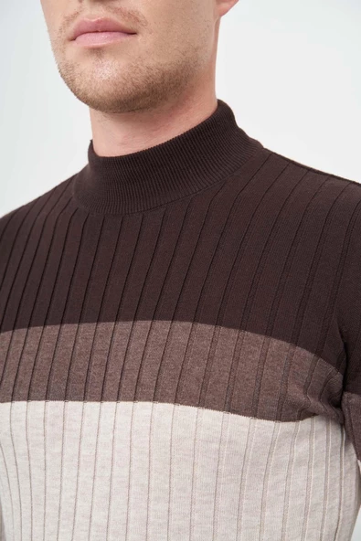 Açık Bej Uzun Kol Kendinden Desenli Örme Yarım Balıkçı Yaka Classic Slim Fit Triko 1012245154 - Resim 4