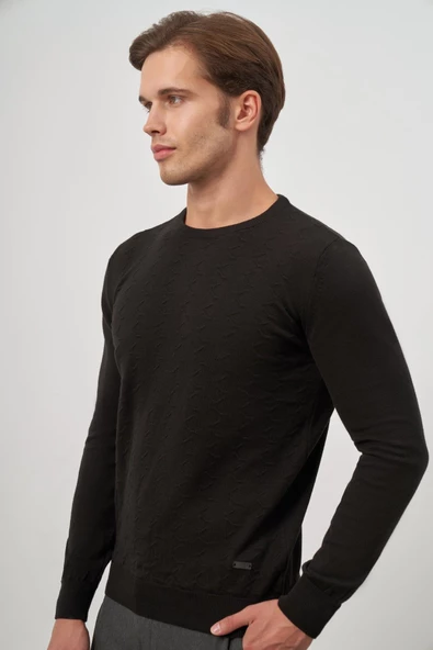 Siyah Uzun Kol Kendinden Desenli Örme Bisiklet Yaka Classic Comfort Fit Triko 1012245155 - Resim 3