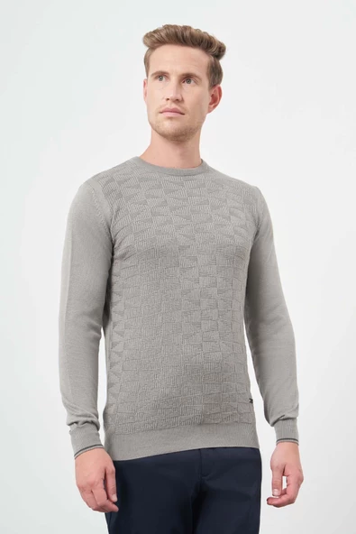 Gri Uzun Kol Kendinden Desenli Örme Bisiklet Yaka Classic Slim Fit Triko 1012245200 - 2