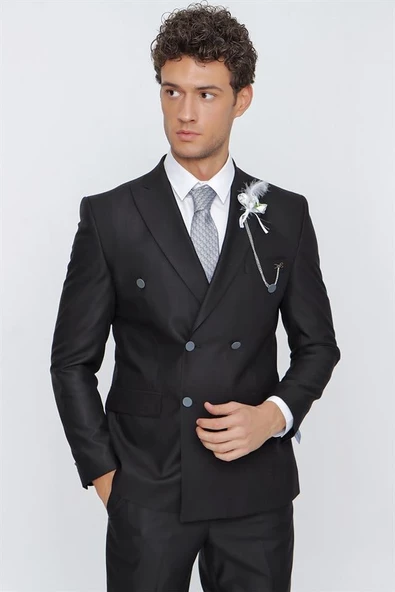 Siyah Gabardin Kırlangıç Yaka Tam Astar Kruvaze 6 Drop Slim Fit Dar Kesim Takım Elbise 1001225175