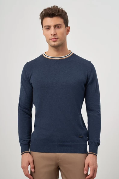 İndigo Mavi Uzun Kol Düz Örme Bisiklet Yaka Classic Slim Fit Triko 1012245108 - 4