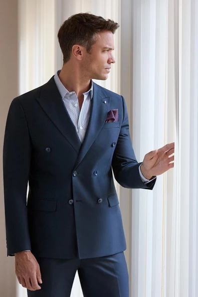Koyu Lacivert Bez Ayağı Kılıç Yaka Tam Astar Esnek 6 Drop Slim Fit Classic Takım Elbise 1001245172
