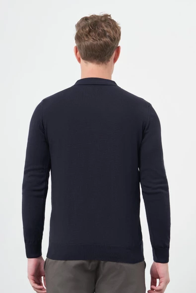 Koyu Lacivert Uzun Kol Kendinden Desenli Örme Polo Yaka Classic Comfort Fit Triko 1012245160 - 5
