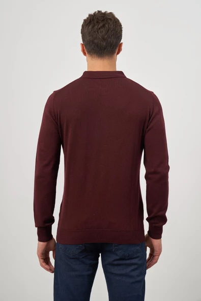 Bordo Uzun Kol Düz Örme Polo Yaka Classic Comfort Fit Triko 1012245007 - 7