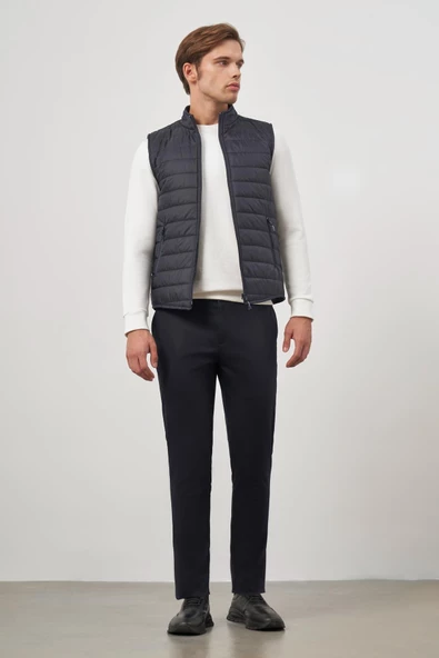 Koyu Lacivert Kapitone Dik Yaka Düz Garnisiz-Biyesiz Slim Fit Yelek 1009245150 - Resim 2