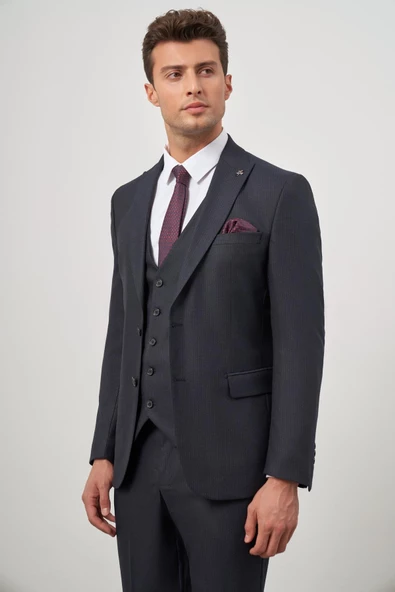 Koyu Lacivert Kılıç Yaka Yelekli 6 Drop Slim Fit Classic Takım Elbise 1001245153 - Resim 3