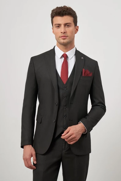Siyah Kılıç Yaka Yelekli 6 Drop Slim Fit Classic Takım Elbise 1001245153 - 5