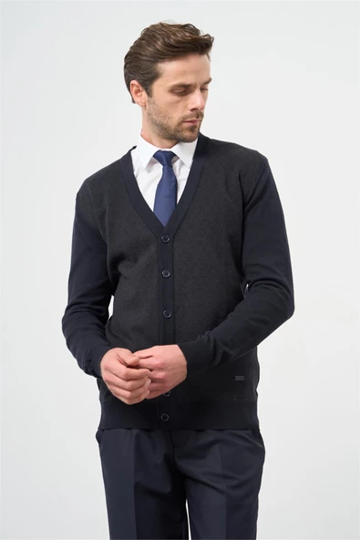 Koyu Lacivert Uzun Kol Kendinden Desenli Örme V Yaka Classic Comfort Fit Triko 1012245161 - Resim 2